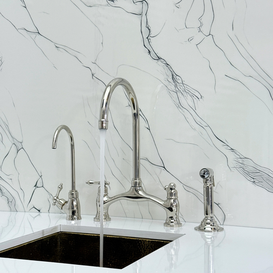 Polished Nickel Kitchen Bridge Faucet with Drinking Water Tap, Sprayer, and Lever Handles
