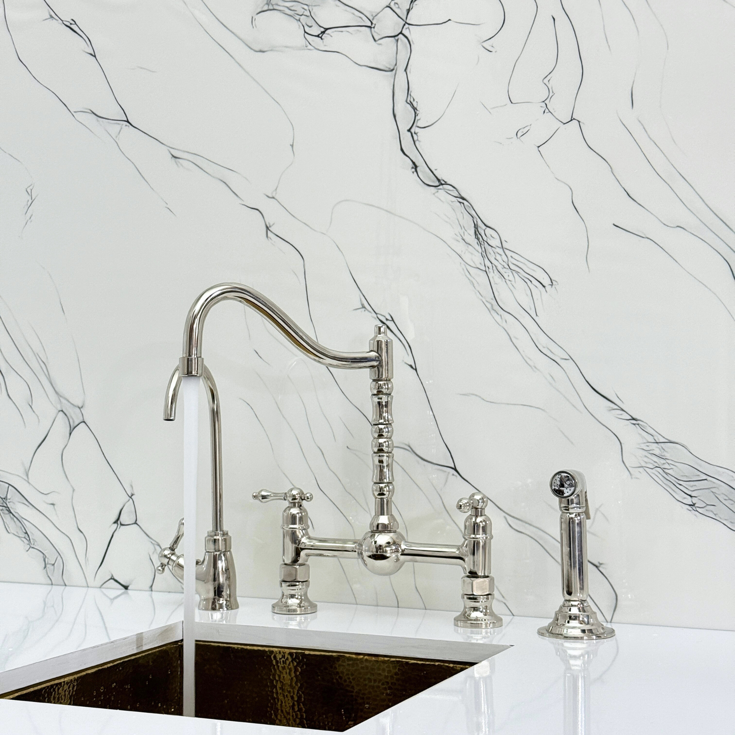 Polished Nickel Victorian Bridge Faucet with Ball Center, Sprayer, Cold Water Faucet, and Lever Handles