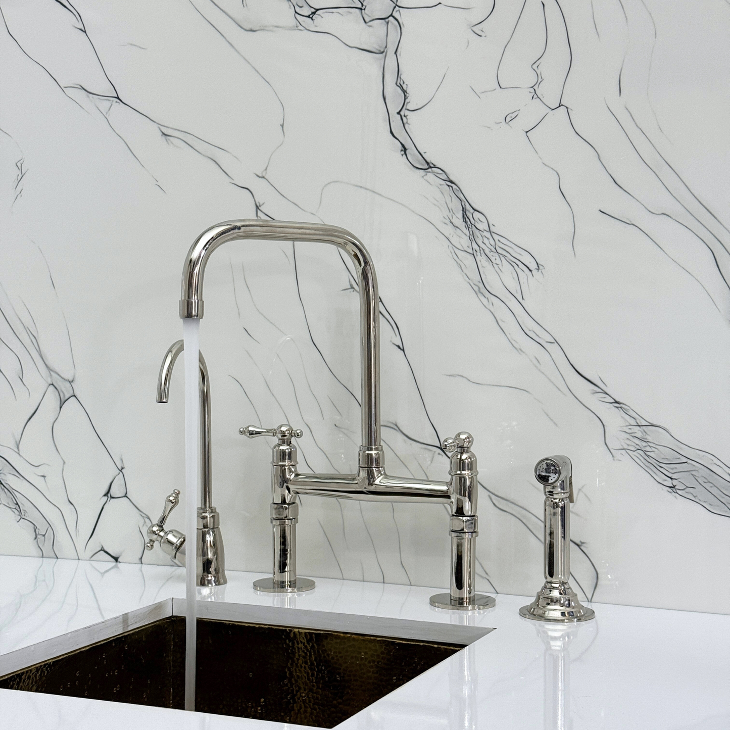 Polished Nickel Classic Bridge Faucet with Sprayer, Cold Water Faucet and Lever Handles