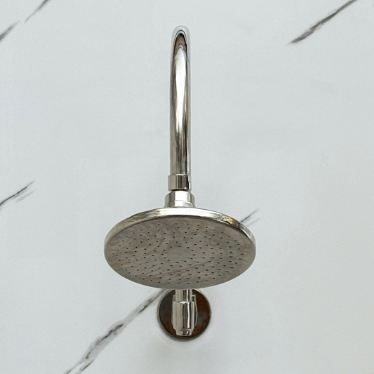 Polished Nickel Flat Rain Shower Head with Arcuate Arm, Adjustable Nickel Shower Head