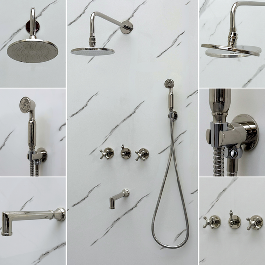 Polished Nickel Shower System with Adjustable Flat Round Rain Shower Head, Handheld Shower Head, Tub Filler and Cross Handles