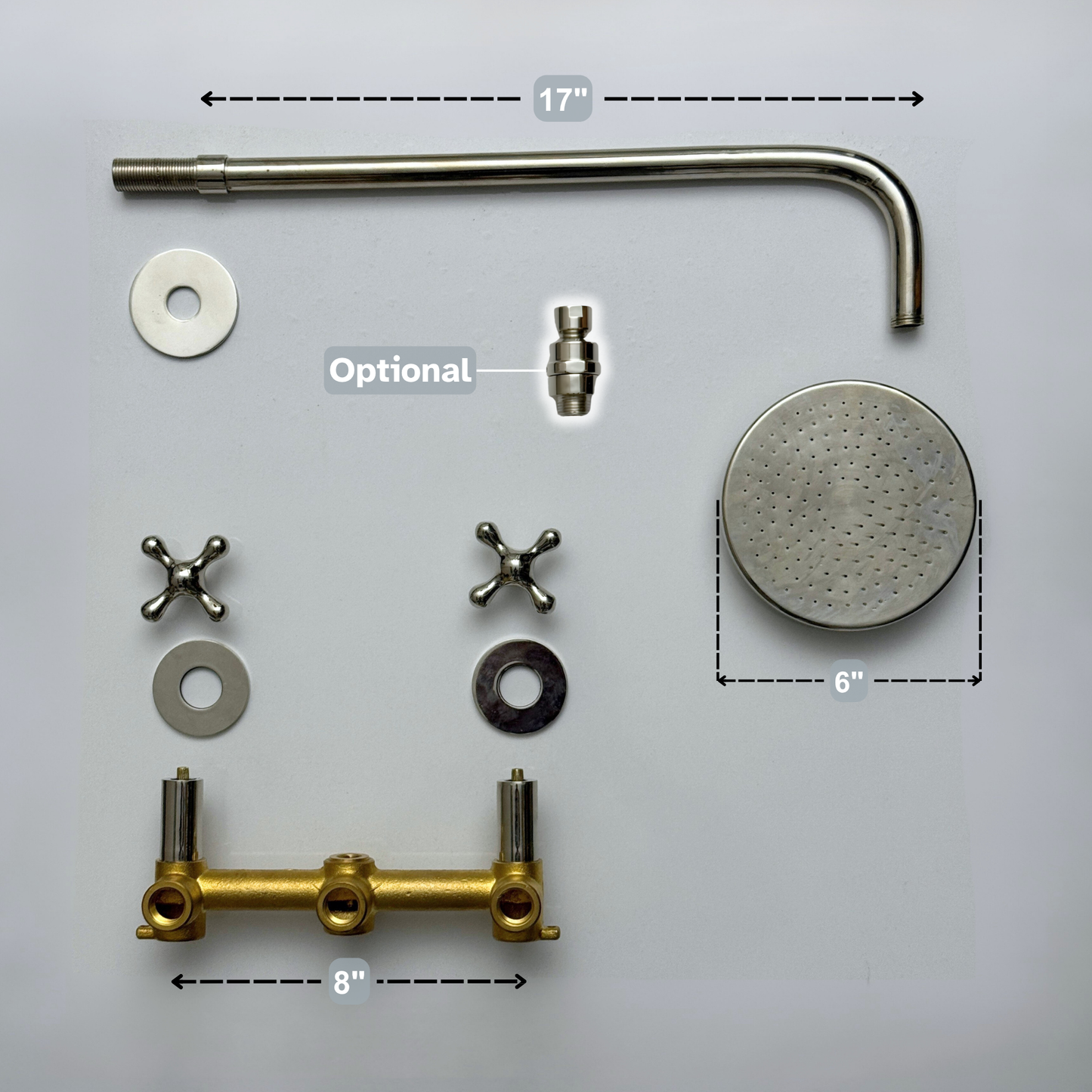 Système de douche en nickel poli avec pommeau de douche plat rond réglable, bras droit et poignées en croix