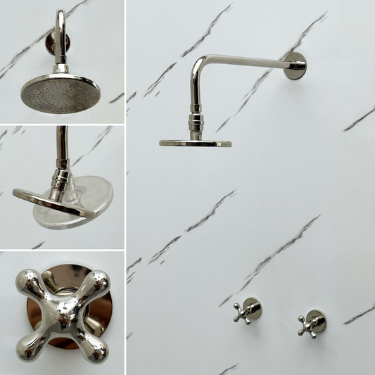 Polished Nickel Shower System with Adjustable Flat Round Rain Shower Head, Straight Arm and Cross Handles
