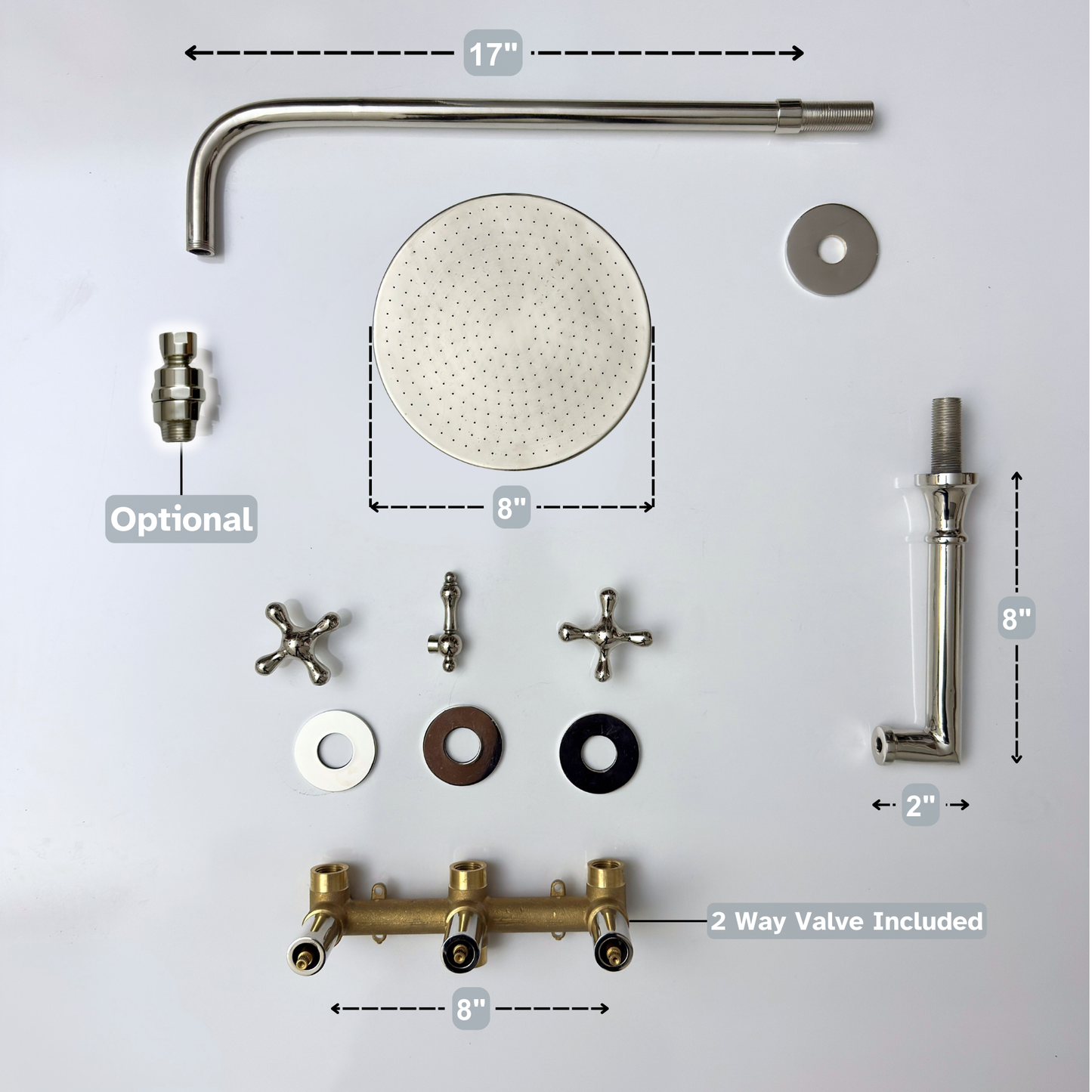 Polished Nickel Shower System with Adjustable Flat Round Rain Shower Head, Tub Filler and Cross Handles
