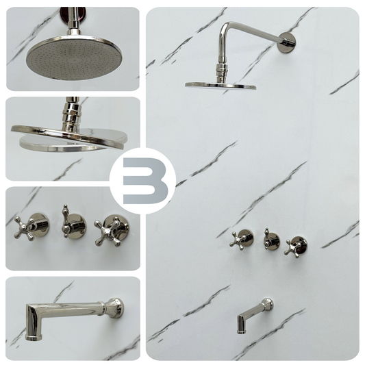 Polished Nickel Shower System with Adjustable Flat Round Rain Shower Head, Tub Filler and Cross Handles