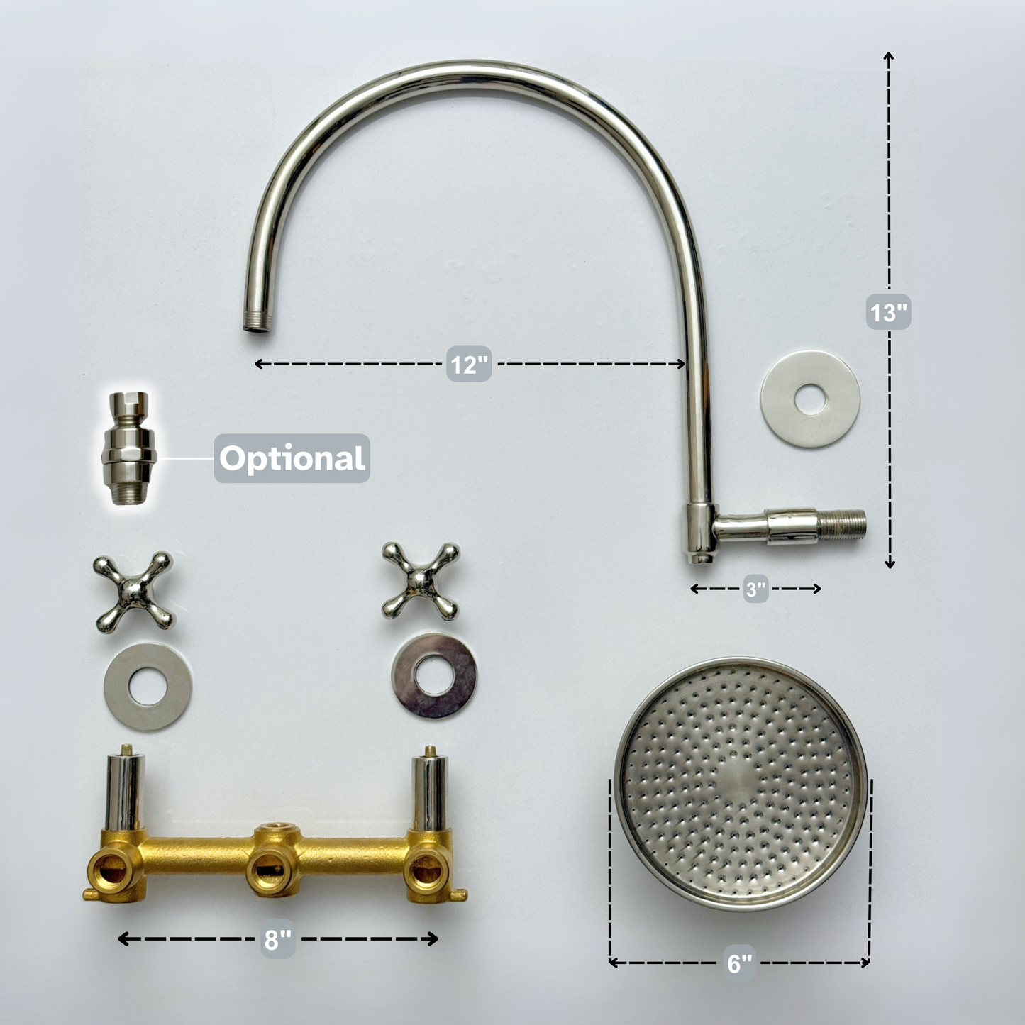 Polished Nickel Shower System with Adjustable Round Rain Shower Head, Arcuate Arm and Cross Handles