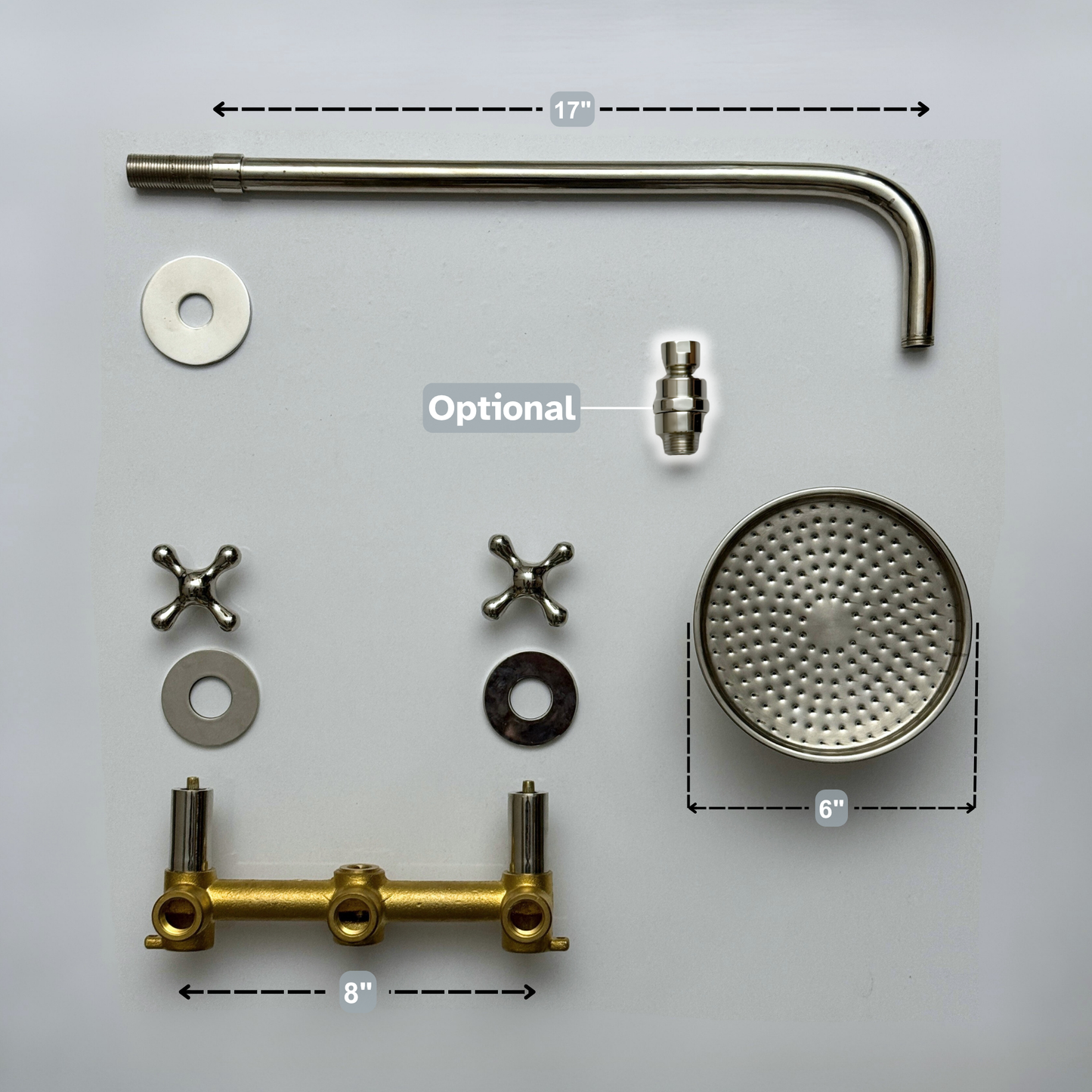 Polished Nickel Shower System with Adjustable Round Rain Shower Head, Cross Handles and Straight Arm