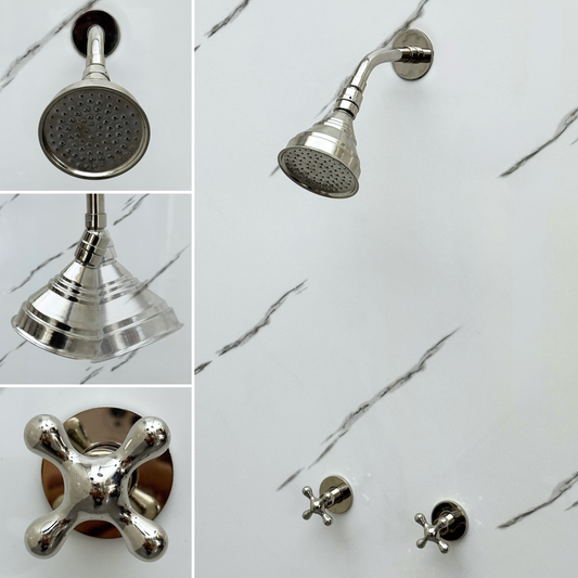 Polished Nickel Shower System with Adjustable Round Rain Shower Head, Short Arm and Cross Handles