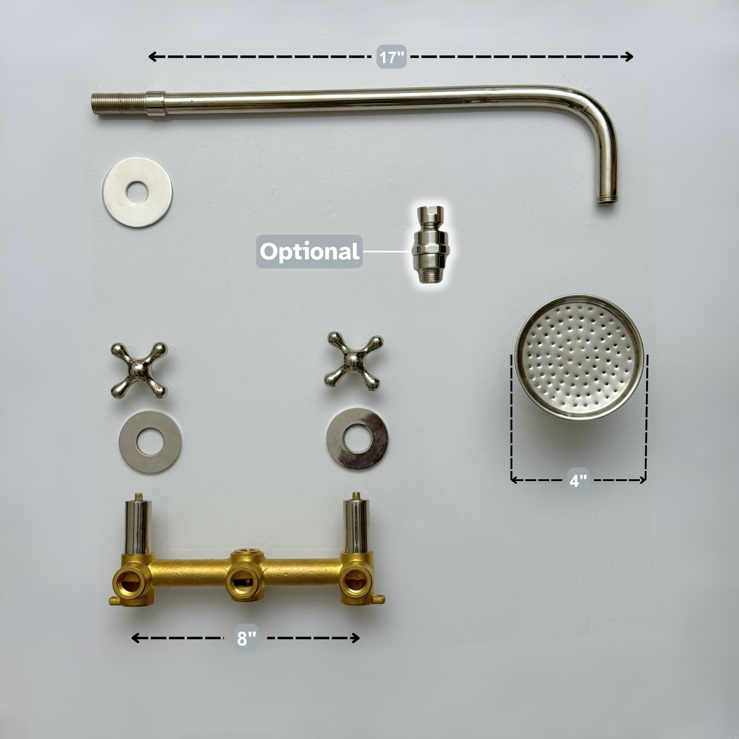Polished Nickel Shower System with Adjustable Round Rain Shower Head, Straight Arm and Cross Handles