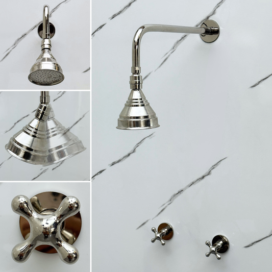 Polished Nickel Shower System with Adjustable Round Rain Shower Head, Straight Arm and Cross Handles