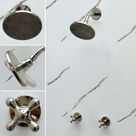 Polished Nickel Shower System with Flat Round Rain Adjustable Shower Head, Short Arm and Cross Handles