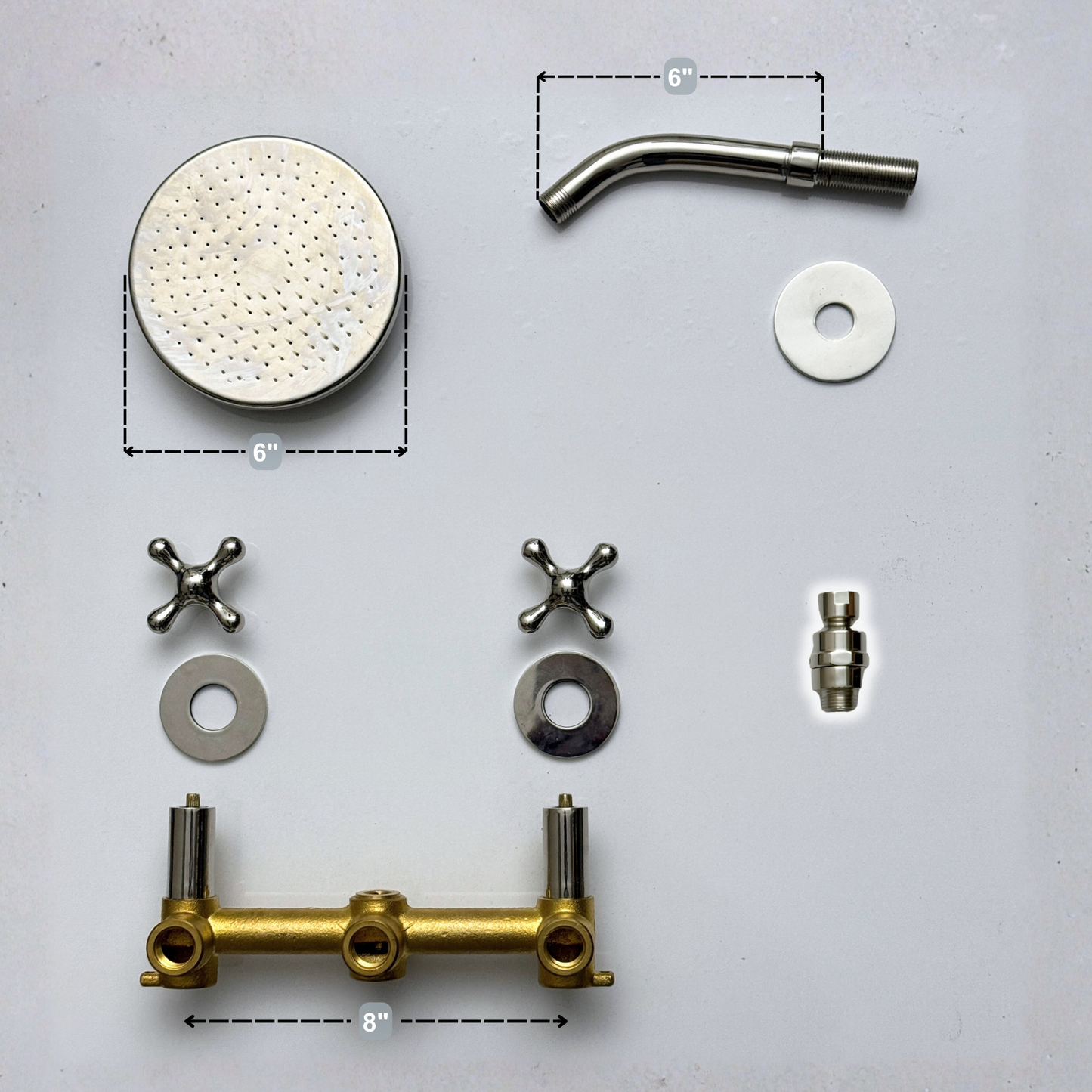 Polished Nickel Shower System with Flat Round Rain Adjustable Shower Head, Short Arm and Cross Handles