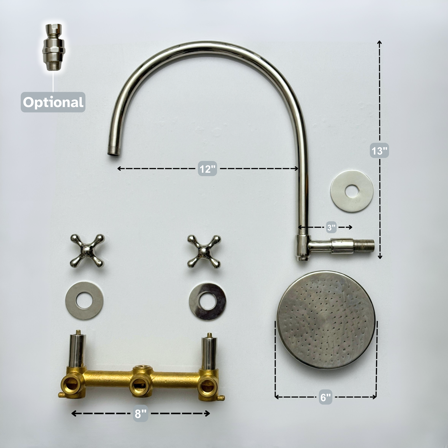 Polished Nickel Shower System with Flat Round Rain Shower Head, Arcuate Arm and Cross Handles