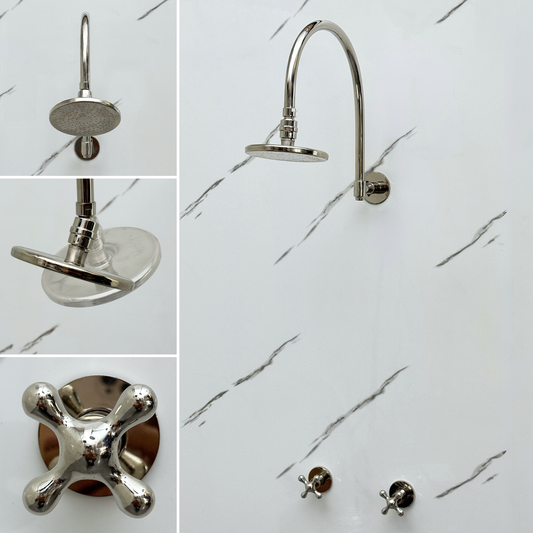 Polished Nickel Shower System with Flat Round Rain Shower Head, Arcuate Arm and Cross Handles