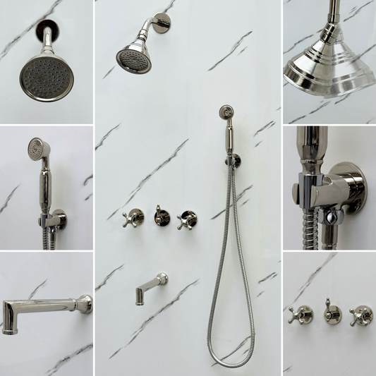 Polished Nickel Shower System with Round Rain Adjustable Shower Head, Handheld Shower Head, Tub Filler and Cross Handles