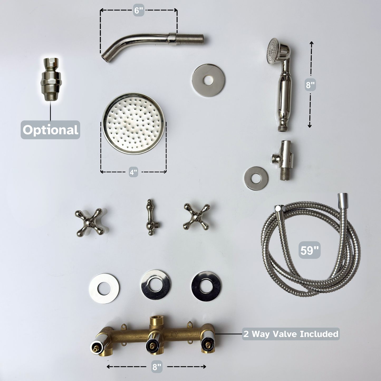 Polished Nickel Shower System with Round Rain Adjustable Shower Head, Handheld Shower Head and Cross Handles