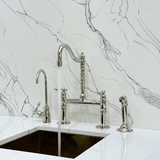 Polished Nickel Victorian Bridge Faucet with Sprayer, Cold Water Faucet and Lever Handles
