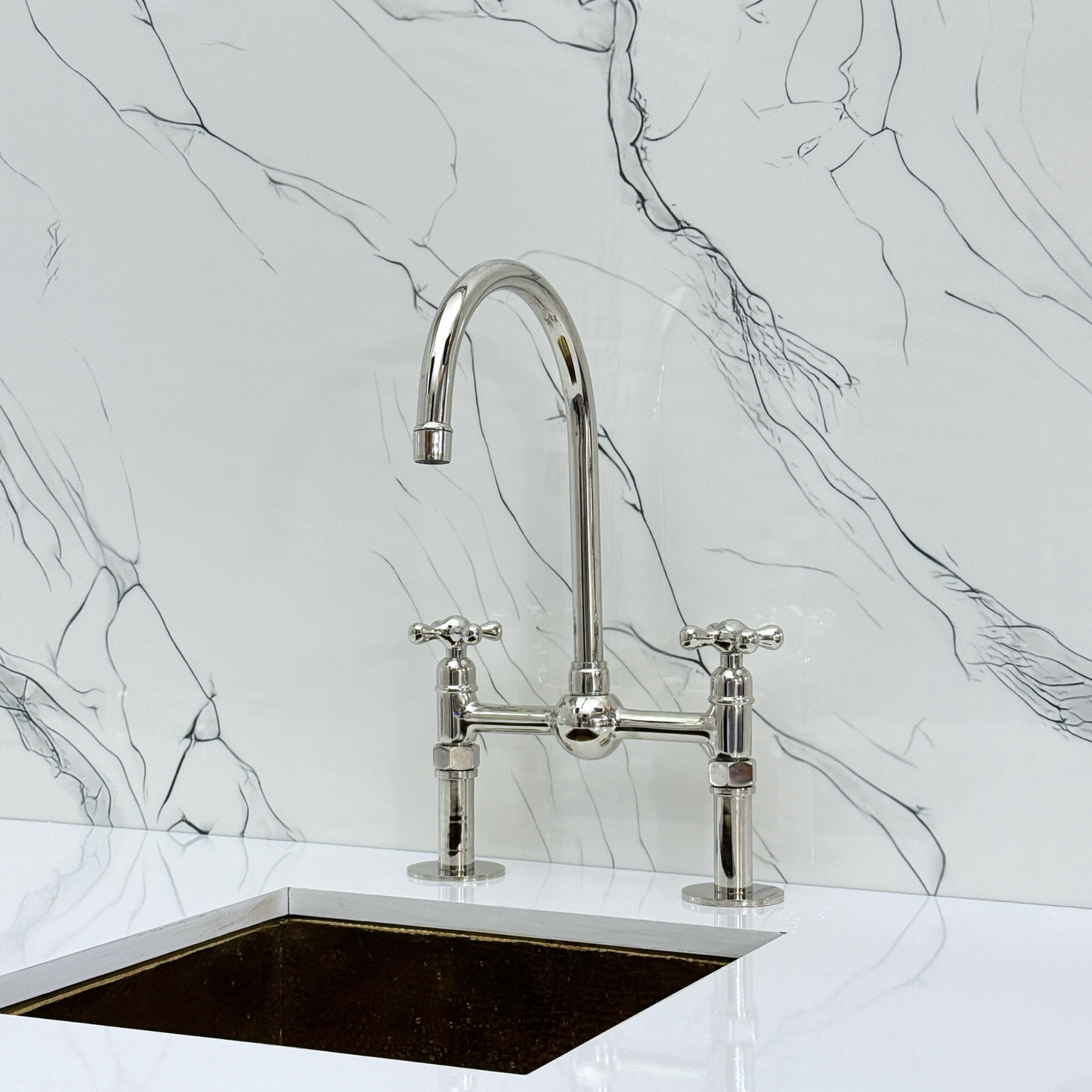 Polished Nickel Kitchen Bridge Faucet with Ball Center, Sprayer, Cold Water Faucet, Straight Legs and Cross Handles