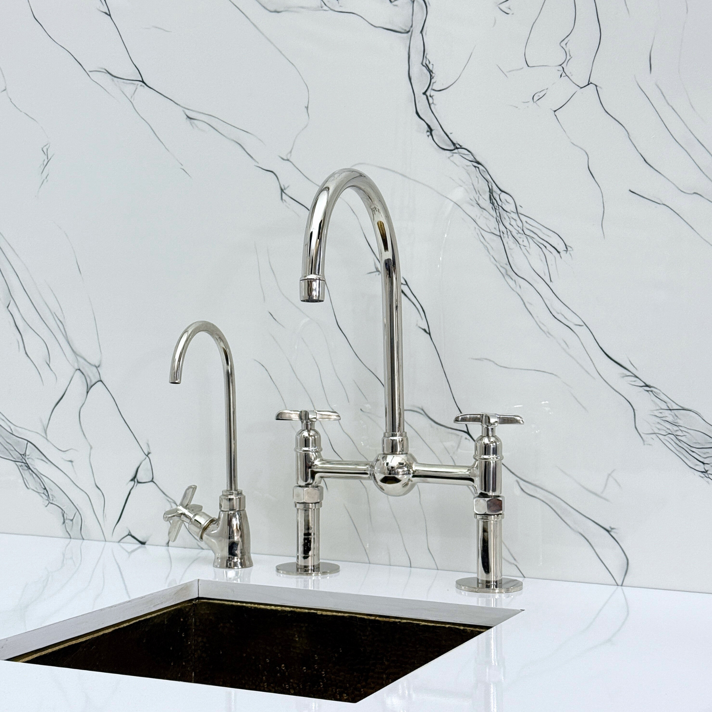 Polished Nickel Kitchen Bridge Faucet with Ball Center, Sprayer, Cold Water Faucet, Straight Legs and Cross Handles