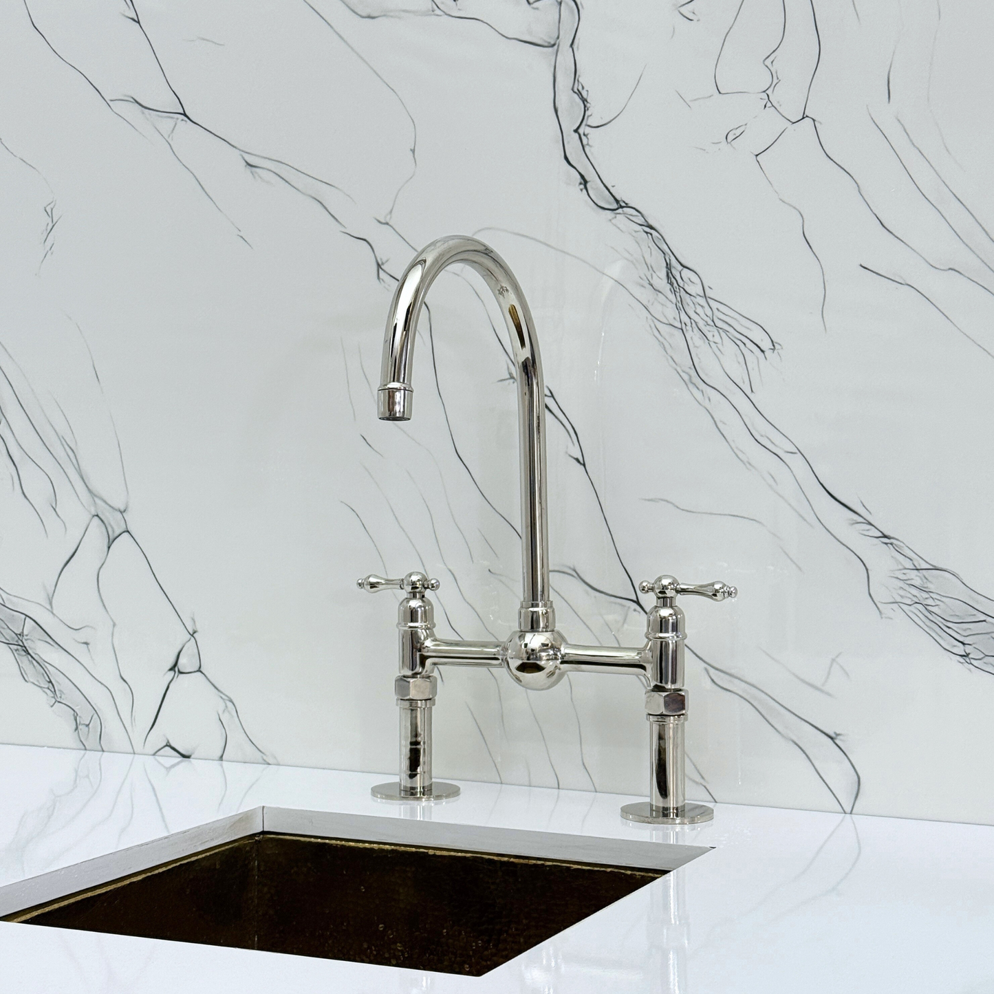 Polished Nickel Kitchen Bridge Faucet with Ball Center, Sprayer, Cold Water Faucet, Straight Legs and Lever Handles