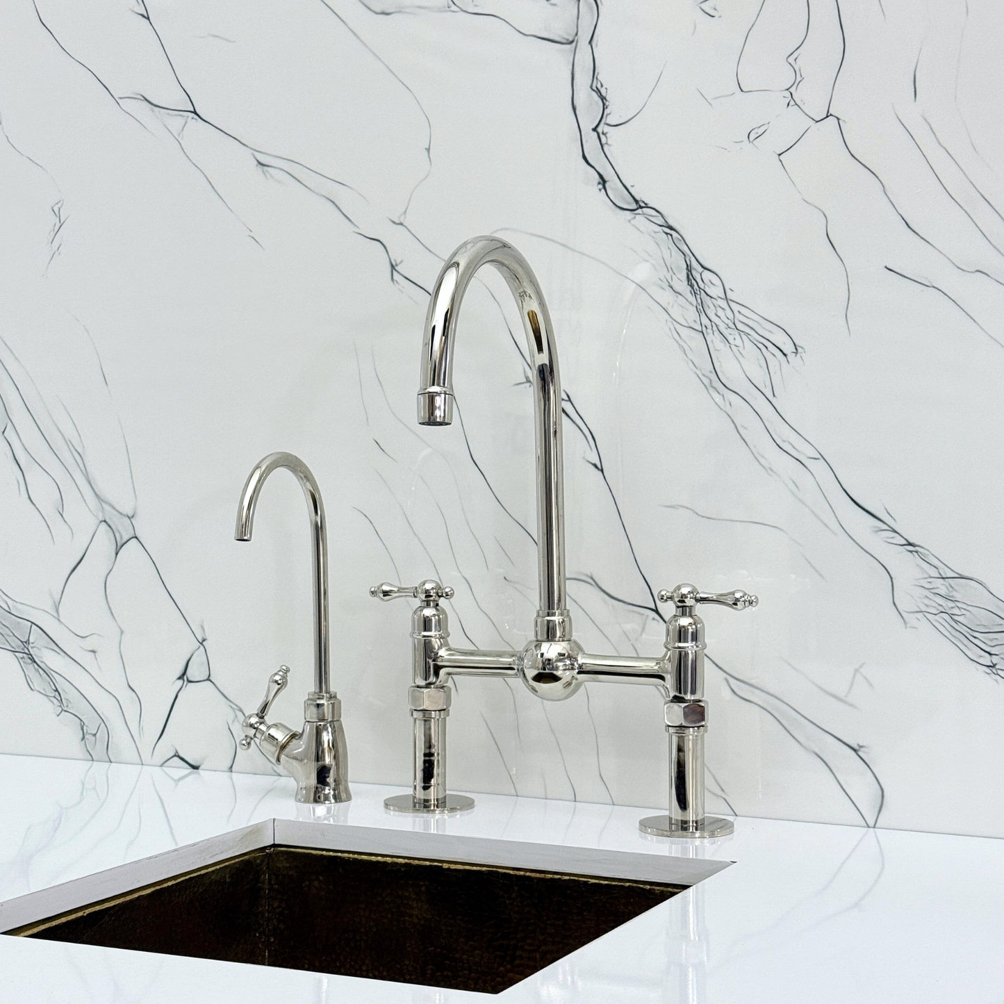 Polished Nickel Kitchen Bridge Faucet with Ball Center, Sprayer, Cold Water Faucet, Straight Legs and Lever Handles