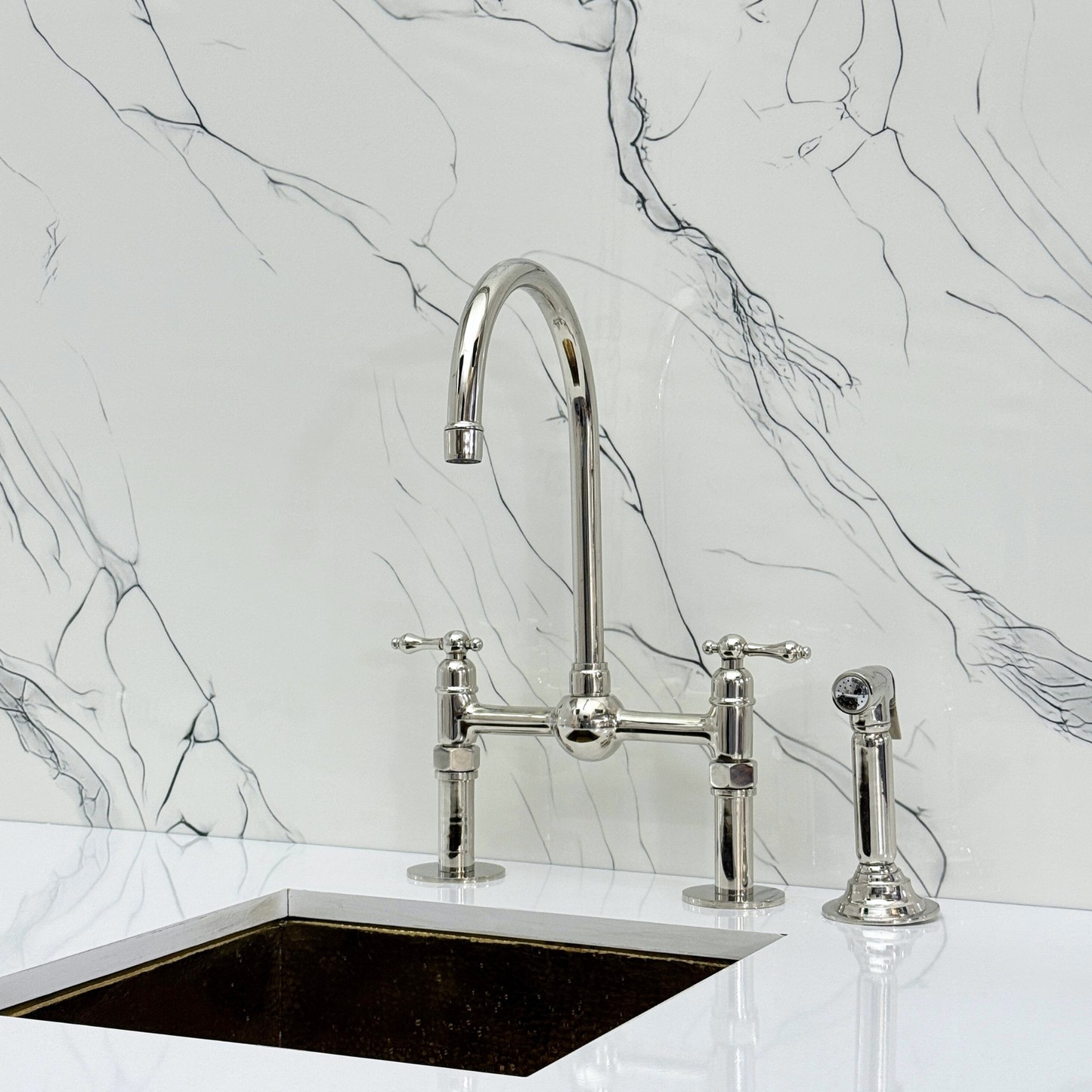 Polished Nickel Kitchen Bridge Faucet with Ball Center, Sprayer, Cold Water Faucet, Straight Legs and Lever Handles