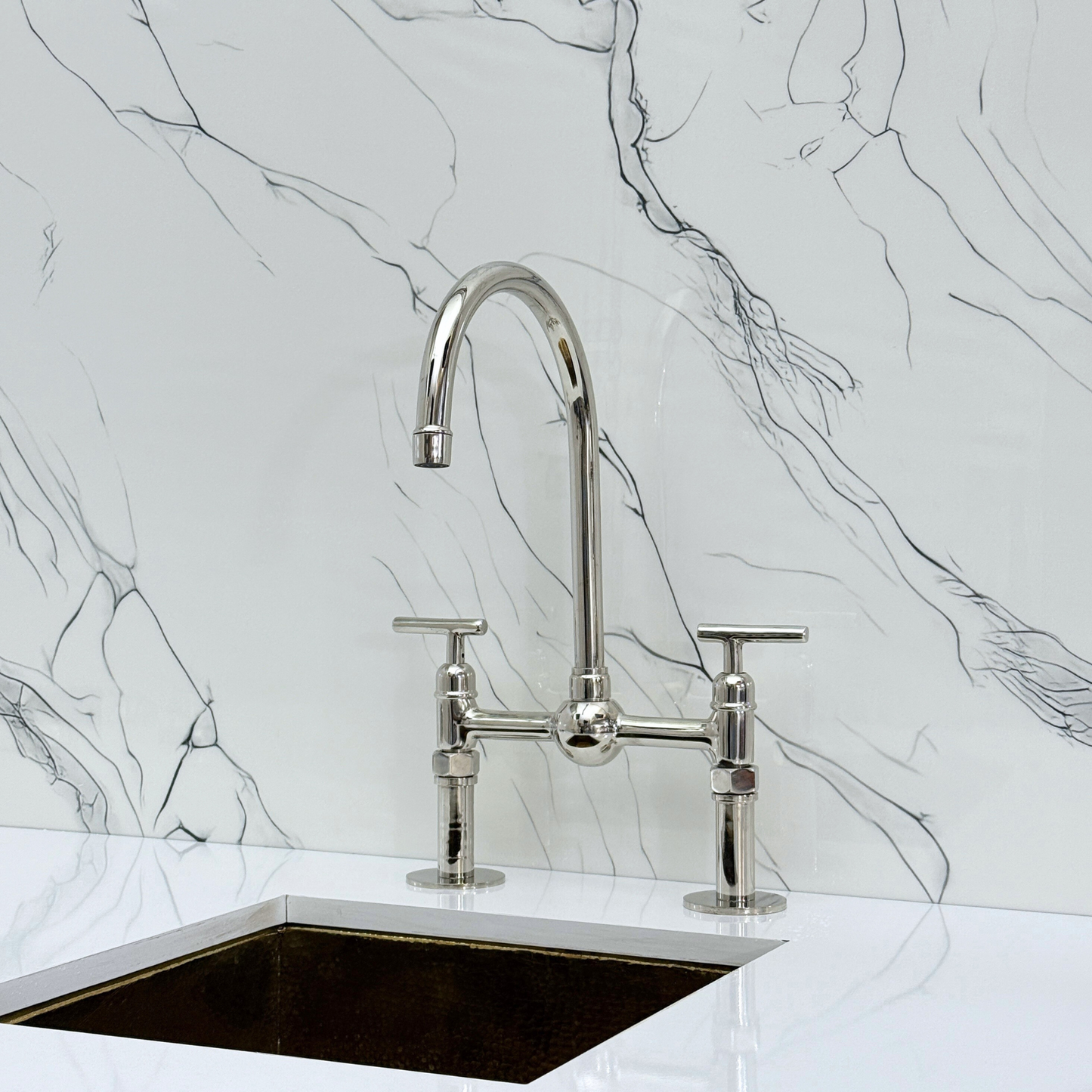 Polished Nickel Kitchen Bridge Faucet with Ball Center, Sprayer, Cold Water Faucet, Straight Legs and Lever Handles