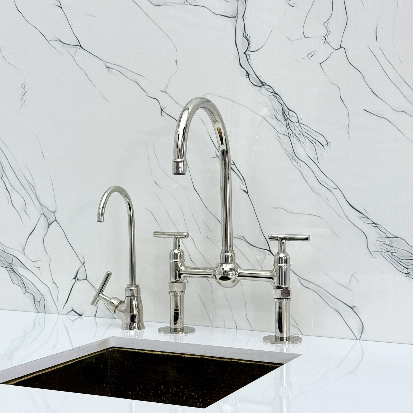 Polished Nickel Kitchen Bridge Faucet with Ball Center, Sprayer, Cold Water Faucet, Straight Legs and Lever Handles