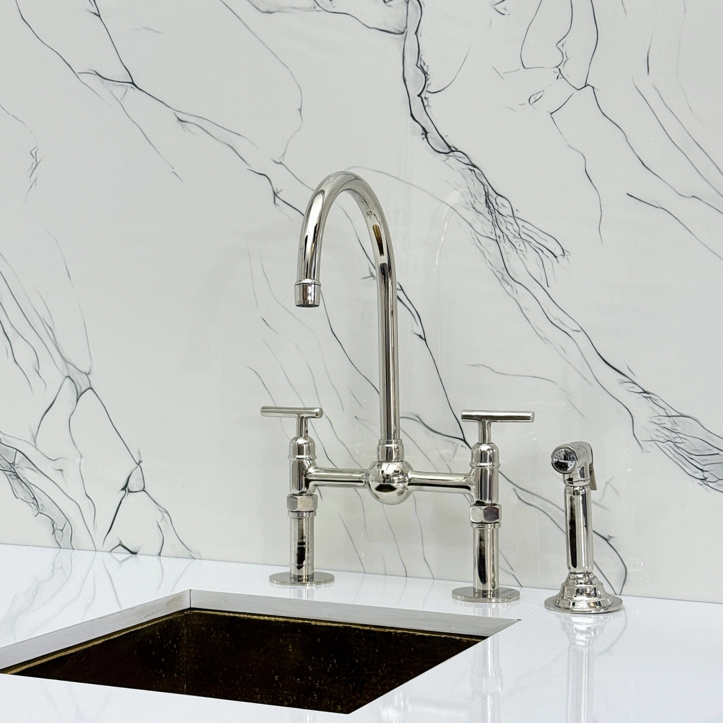 Polished Nickel Kitchen Bridge Faucet with Ball Center, Sprayer, Cold Water Faucet, Straight Legs and Lever Handles