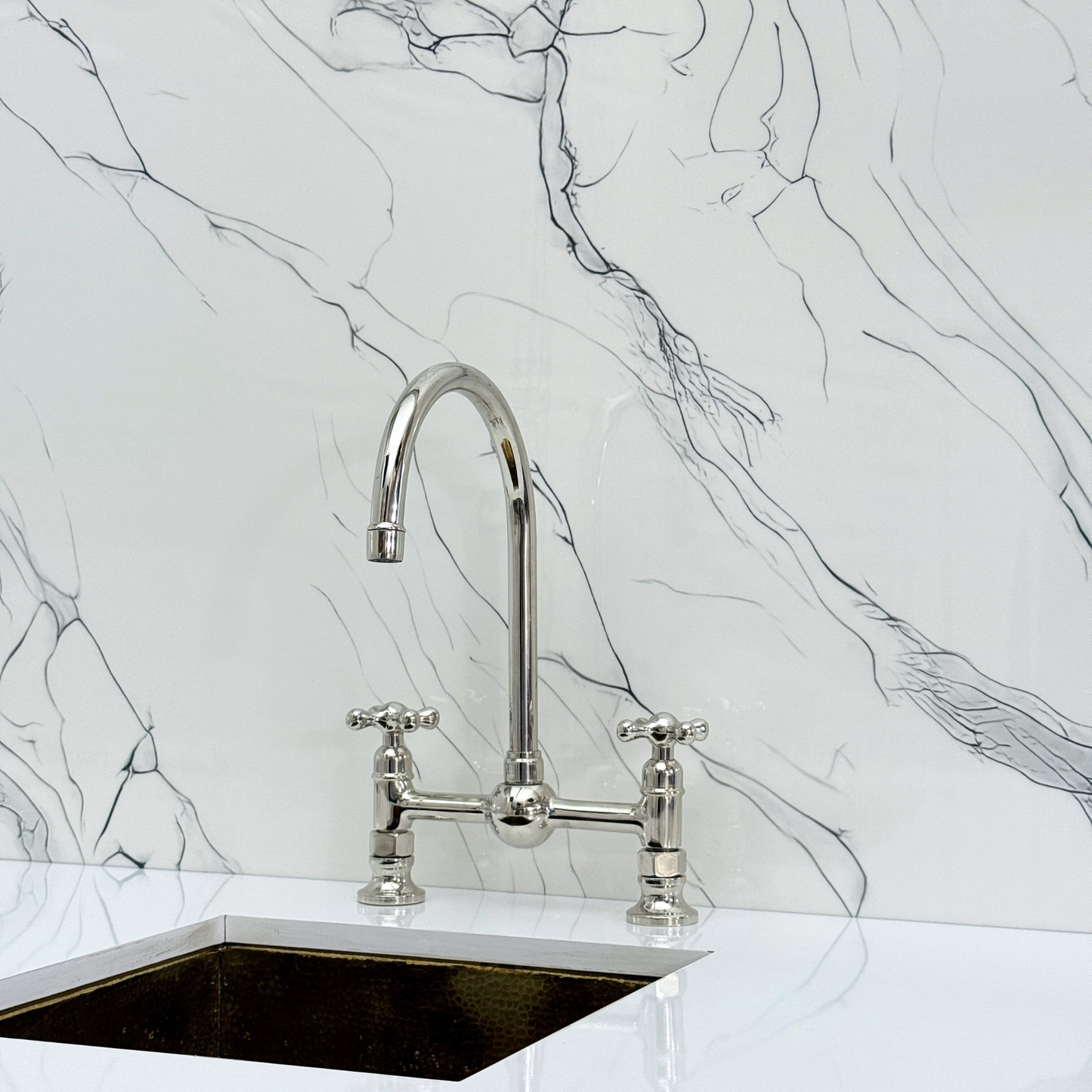 Polished Nickel Bridge Kitchen Faucet with Sprayer, Cold Water Faucet and Cross Handles