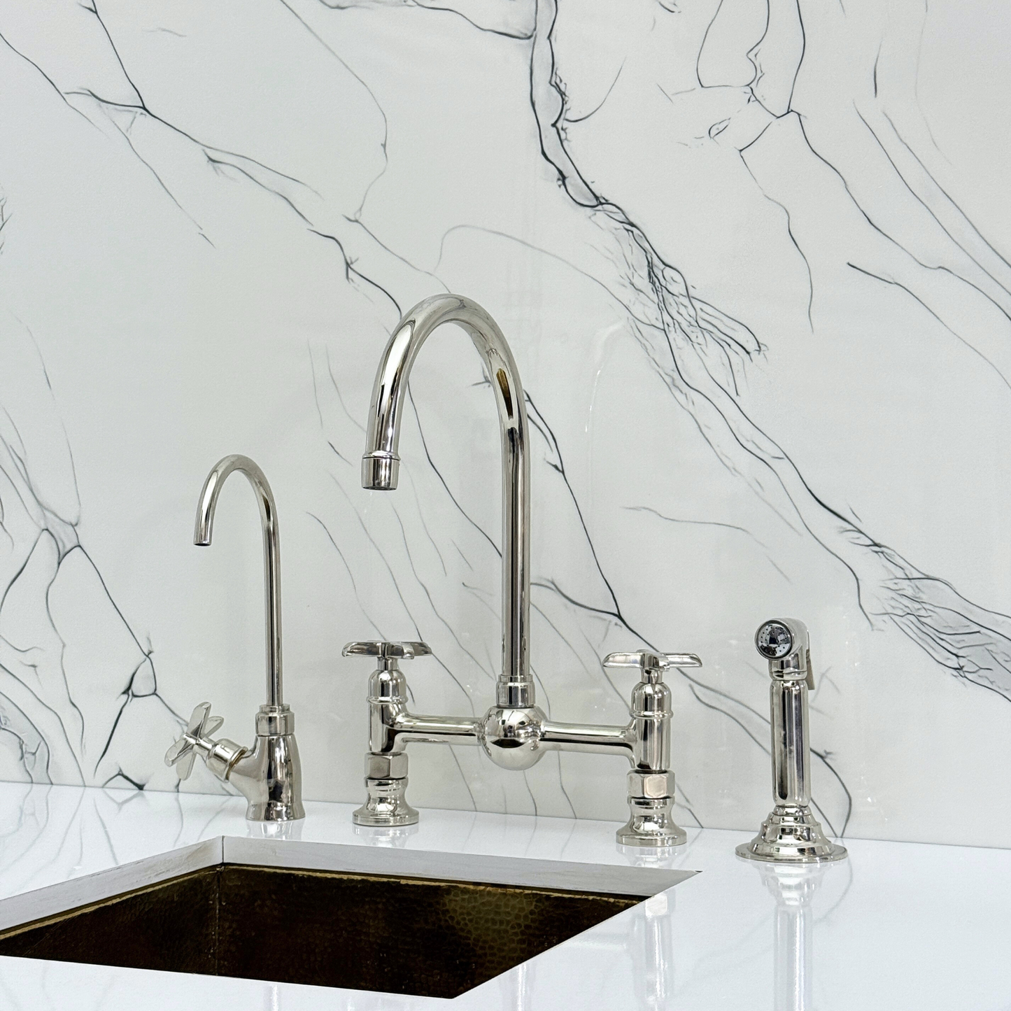 Polished Nickel Bridge Kitchen Faucet with Sprayer, Cold Water Faucet and Cross Handles