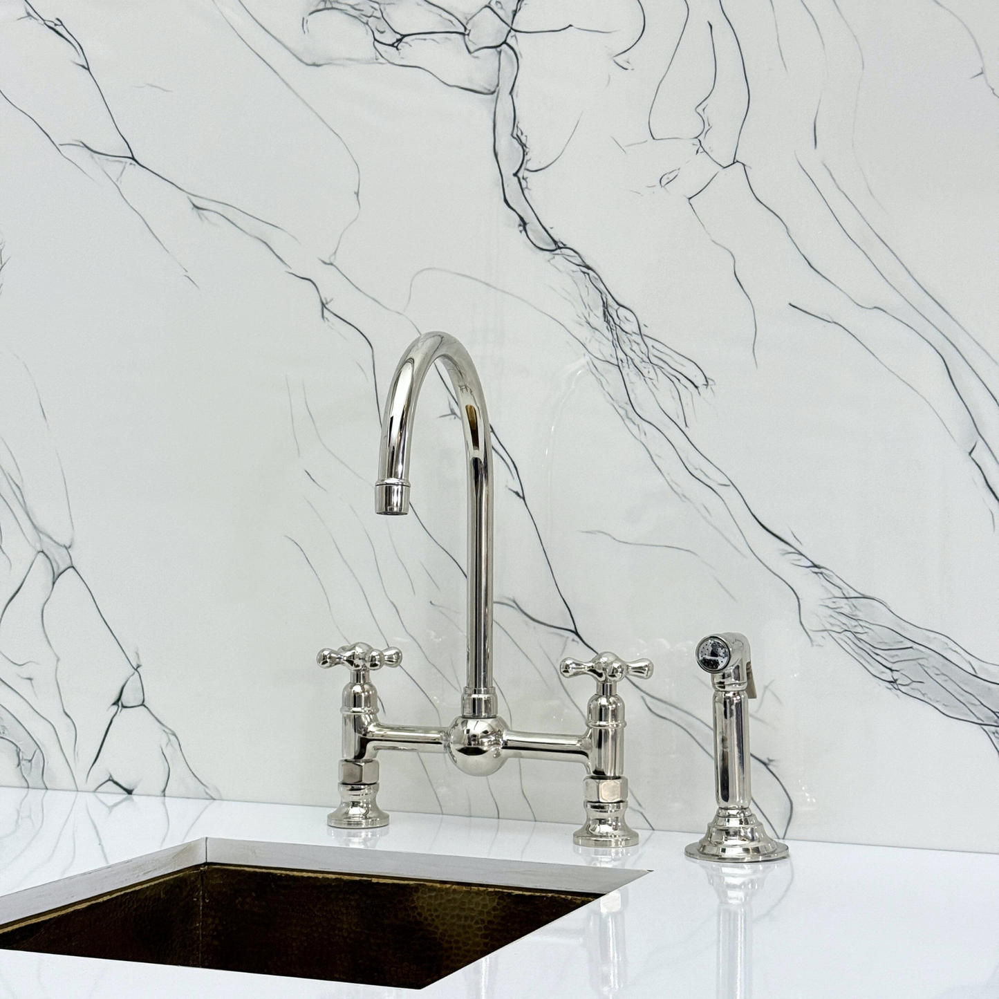 Polished Nickel Bridge Kitchen Faucet with Sprayer, Cold Water Faucet and Cross Handles