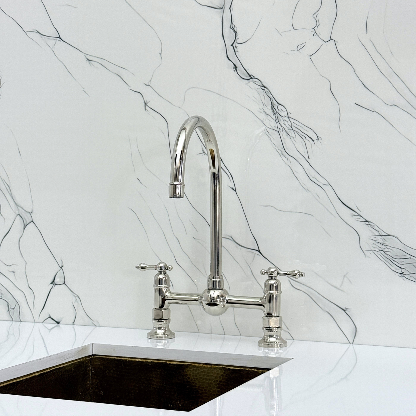Polished Nickel Bridge Kitchen Faucet with Sprayer, Cold Water Faucet and Lever Handles