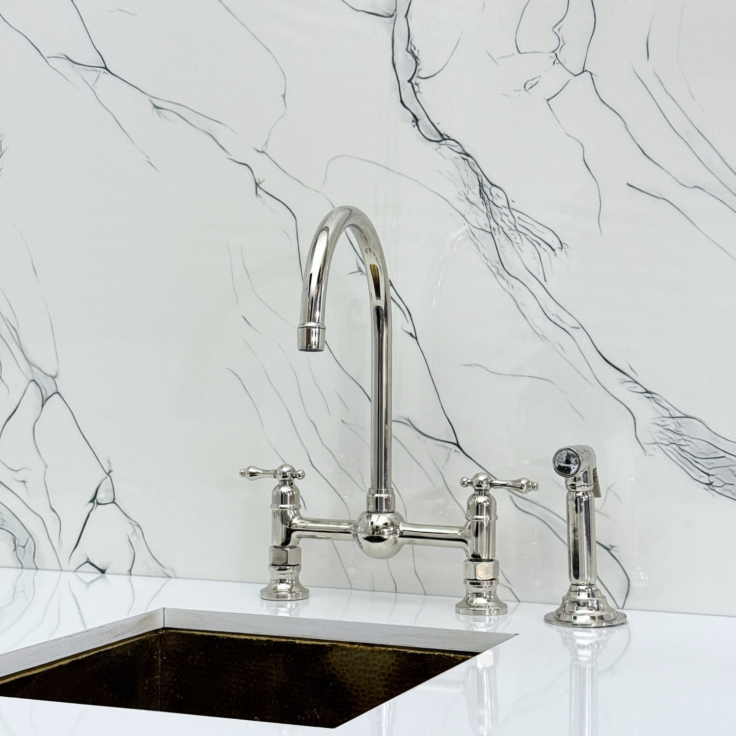 Polished Nickel Bridge Kitchen Faucet with Sprayer, Cold Water Faucet and Lever Handles