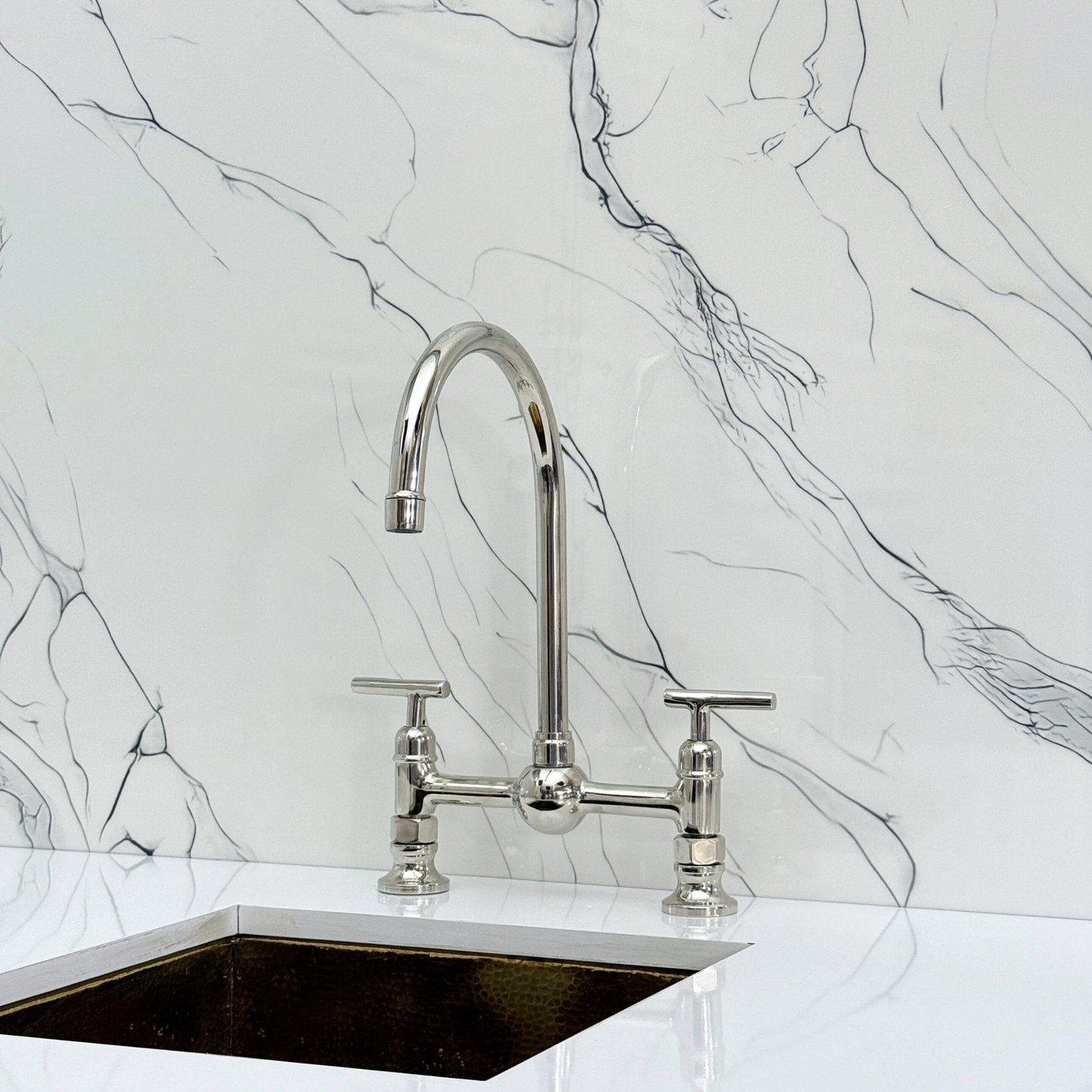 Polished Nickel Bridge Kitchen Faucet with Sprayer, Cold Water Faucet and Lever Handles