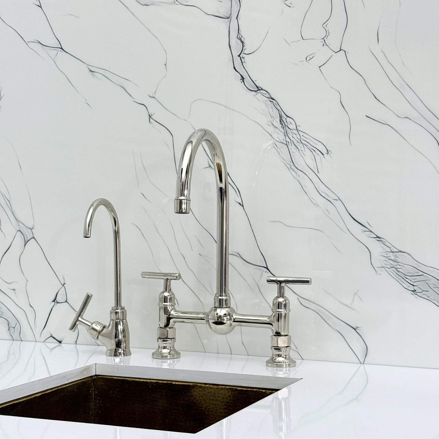 Polished Nickel Bridge Kitchen Faucet with Sprayer, Cold Water Faucet and Lever Handles