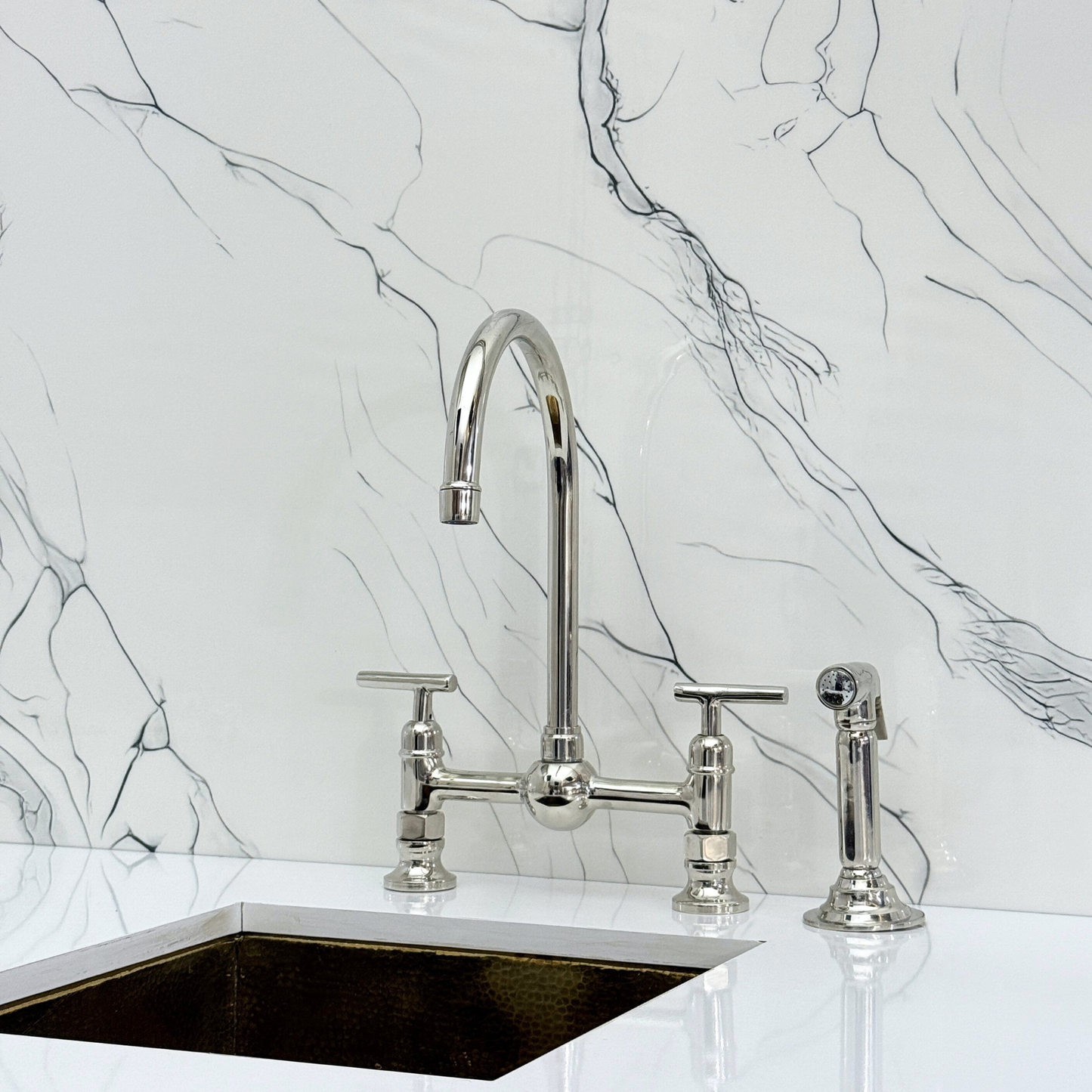 Polished Nickel Bridge Kitchen Faucet with Sprayer, Cold Water Faucet and Lever Handles
