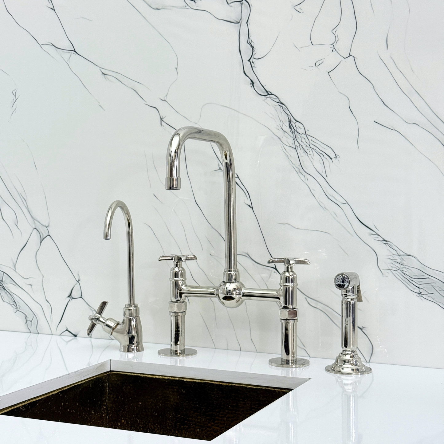 Polished Nickel Classic Bridge Faucet with Ball Center, Straight Legs, Sprayer, Cold Water Faucet and Cross Handles