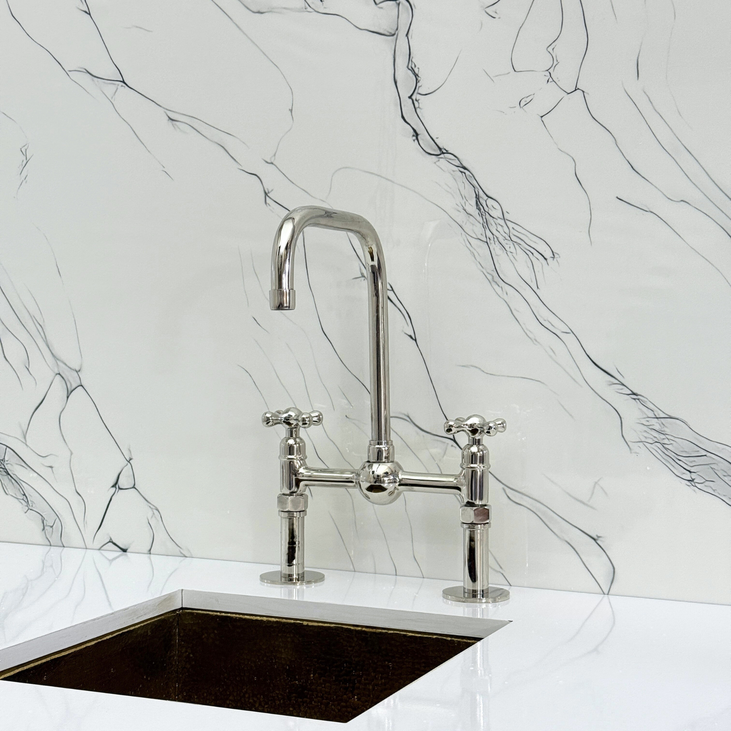 Polished Nickel Classic Bridge Faucet with Ball Center, Straight Legs, Sprayer, Cold Water Faucet and Cross Handles