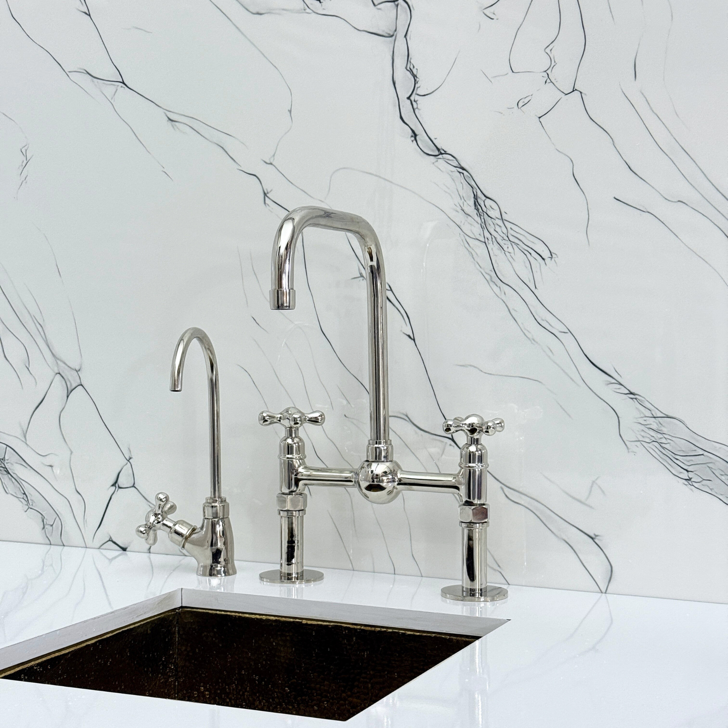 Polished Nickel Classic Bridge Faucet with Ball Center, Straight Legs, Sprayer, Cold Water Faucet and Cross Handles