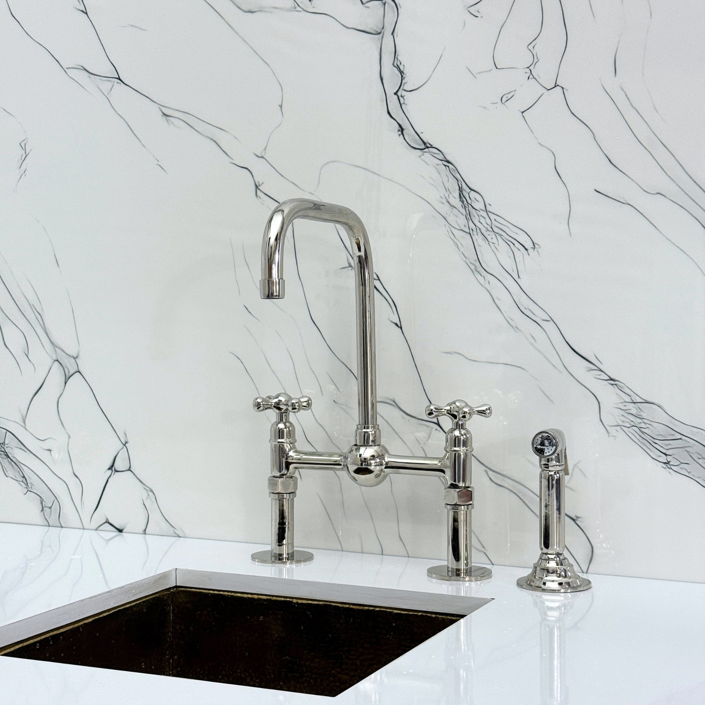Polished Nickel Classic Bridge Faucet with Ball Center, Straight Legs, Sprayer, Cold Water Faucet and Cross Handles