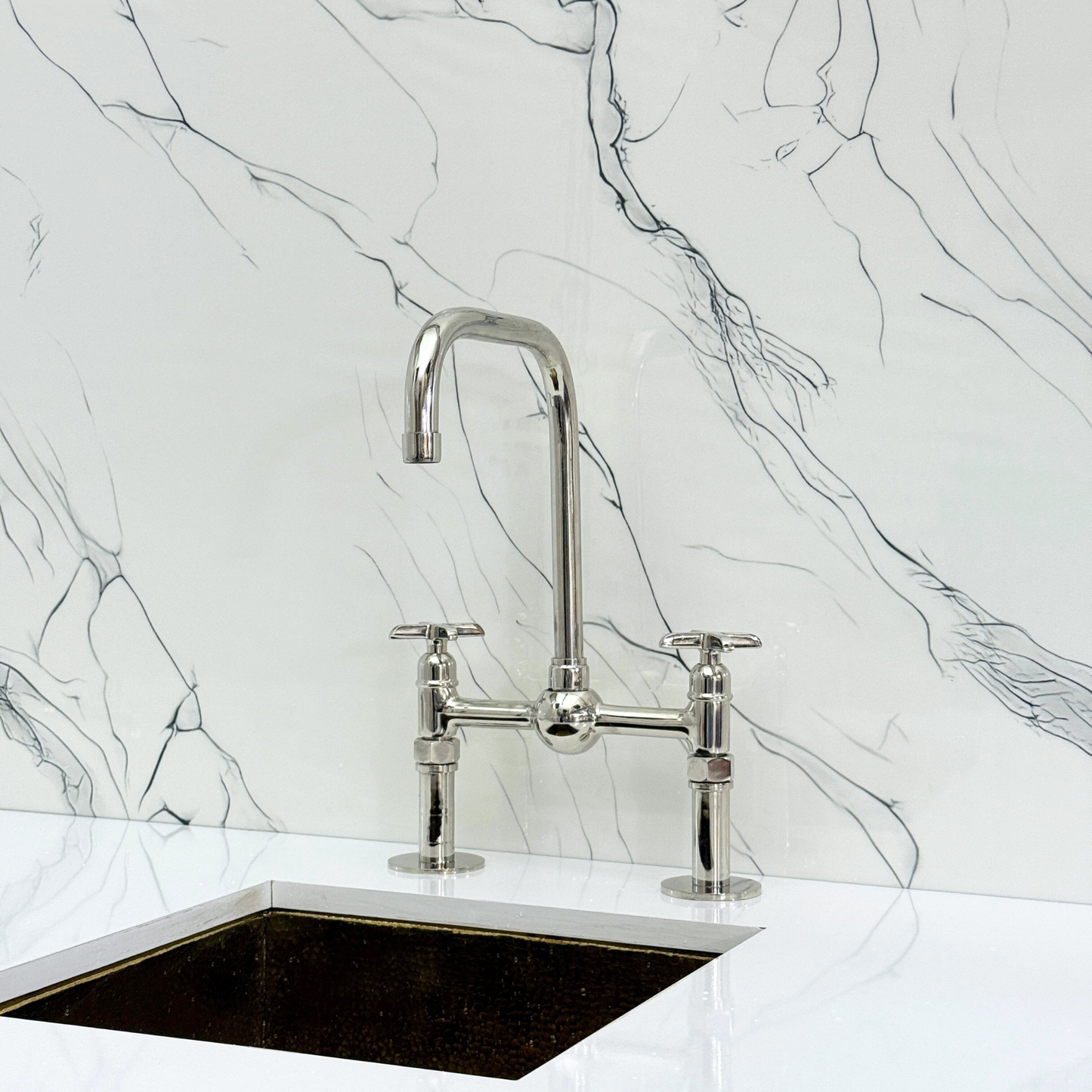 Polished Nickel Classic Bridge Faucet with Ball Center, Straight Legs, Sprayer, Cold Water Faucet and Cross Handles