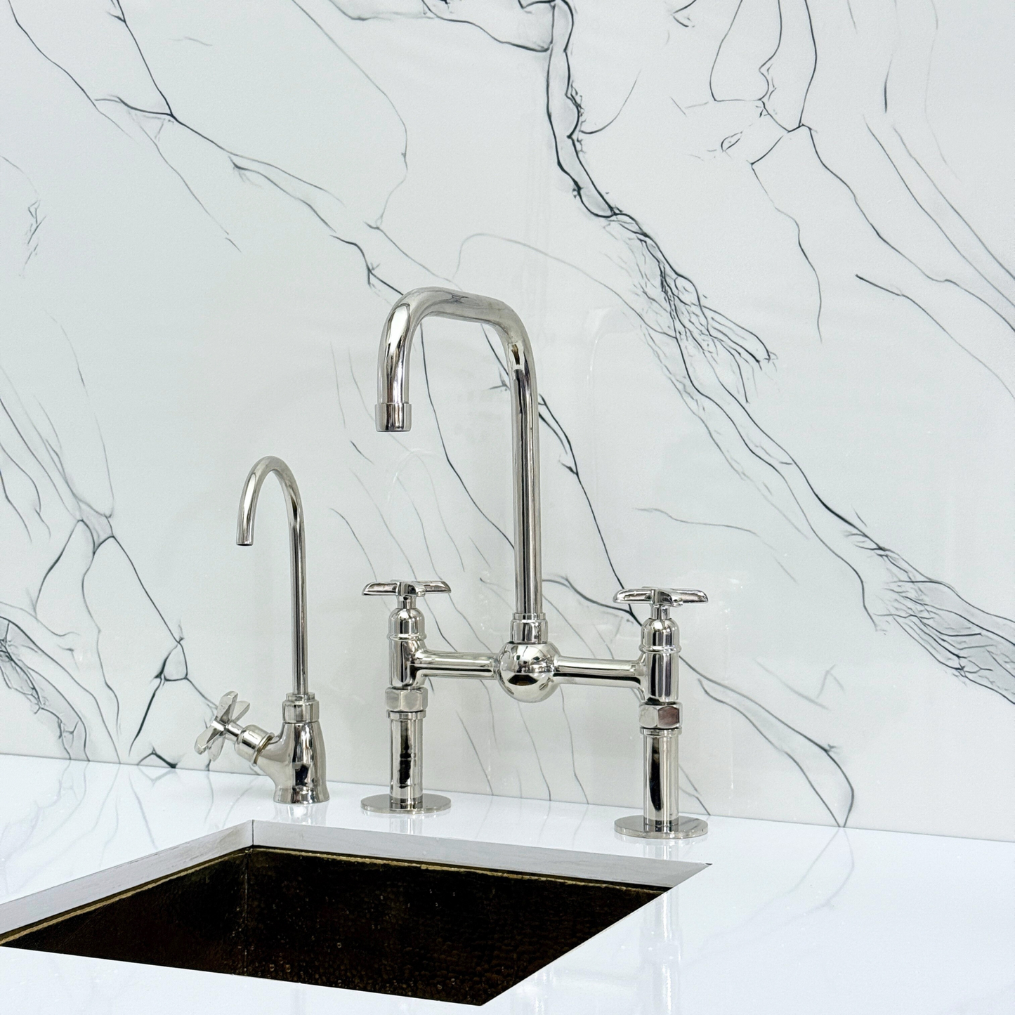 Polished Nickel Classic Bridge Faucet with Ball Center, Straight Legs, Sprayer, Cold Water Faucet and Cross Handles
