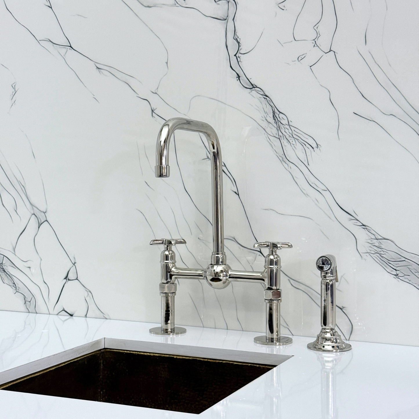 Polished Nickel Classic Bridge Faucet with Ball Center, Straight Legs, Sprayer, Cold Water Faucet and Cross Handles