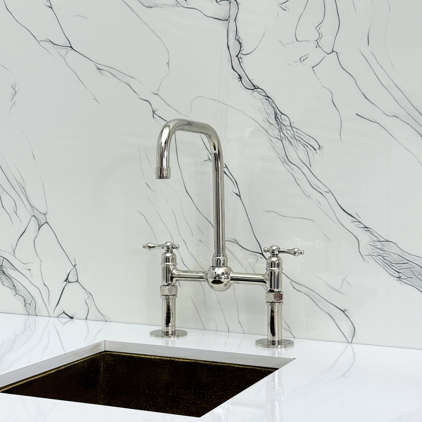 Polished Nickel Classic Bridge Faucet with Ball Center, Straight Legs, Sprayer, Cold Water Faucet and Lever Handles