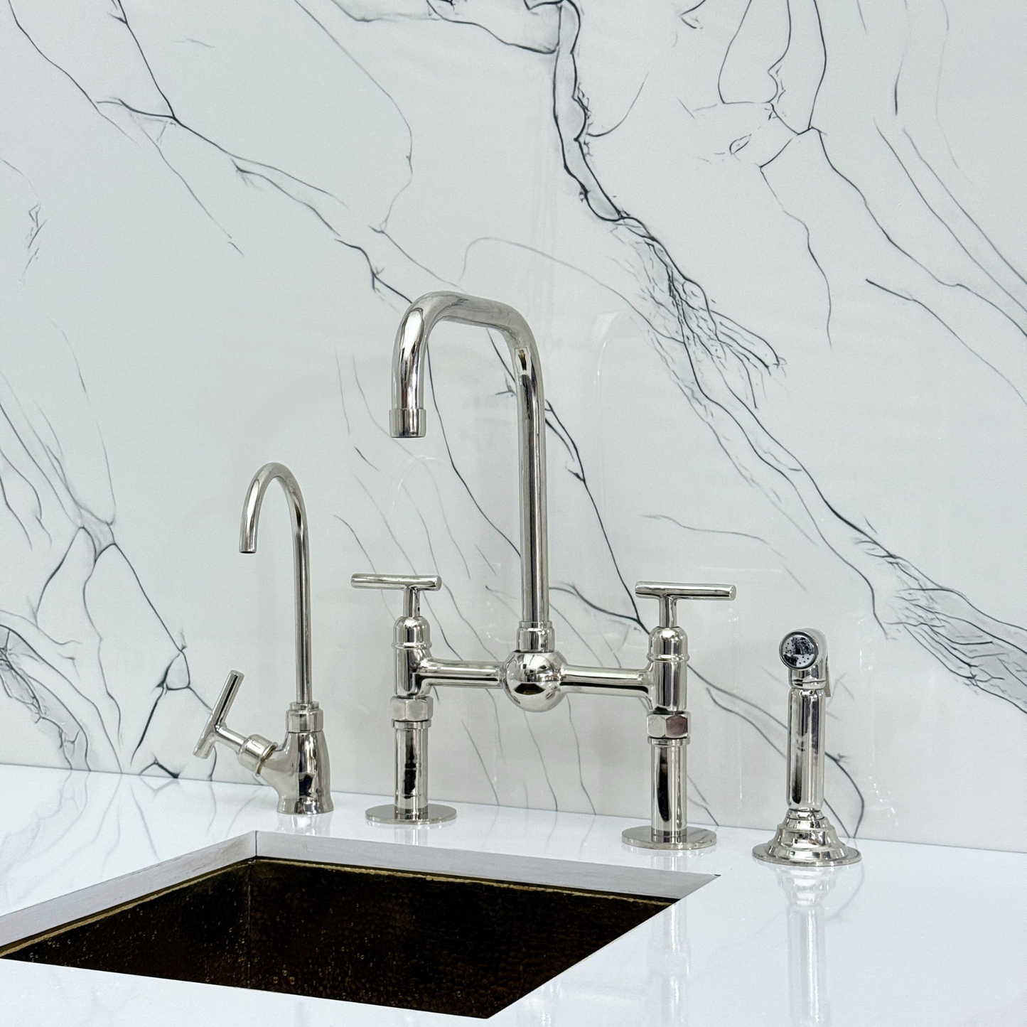 Polished Nickel Classic Bridge Faucet with Ball Center, Straight Legs, Sprayer, Cold Water Faucet and Lever Handles
