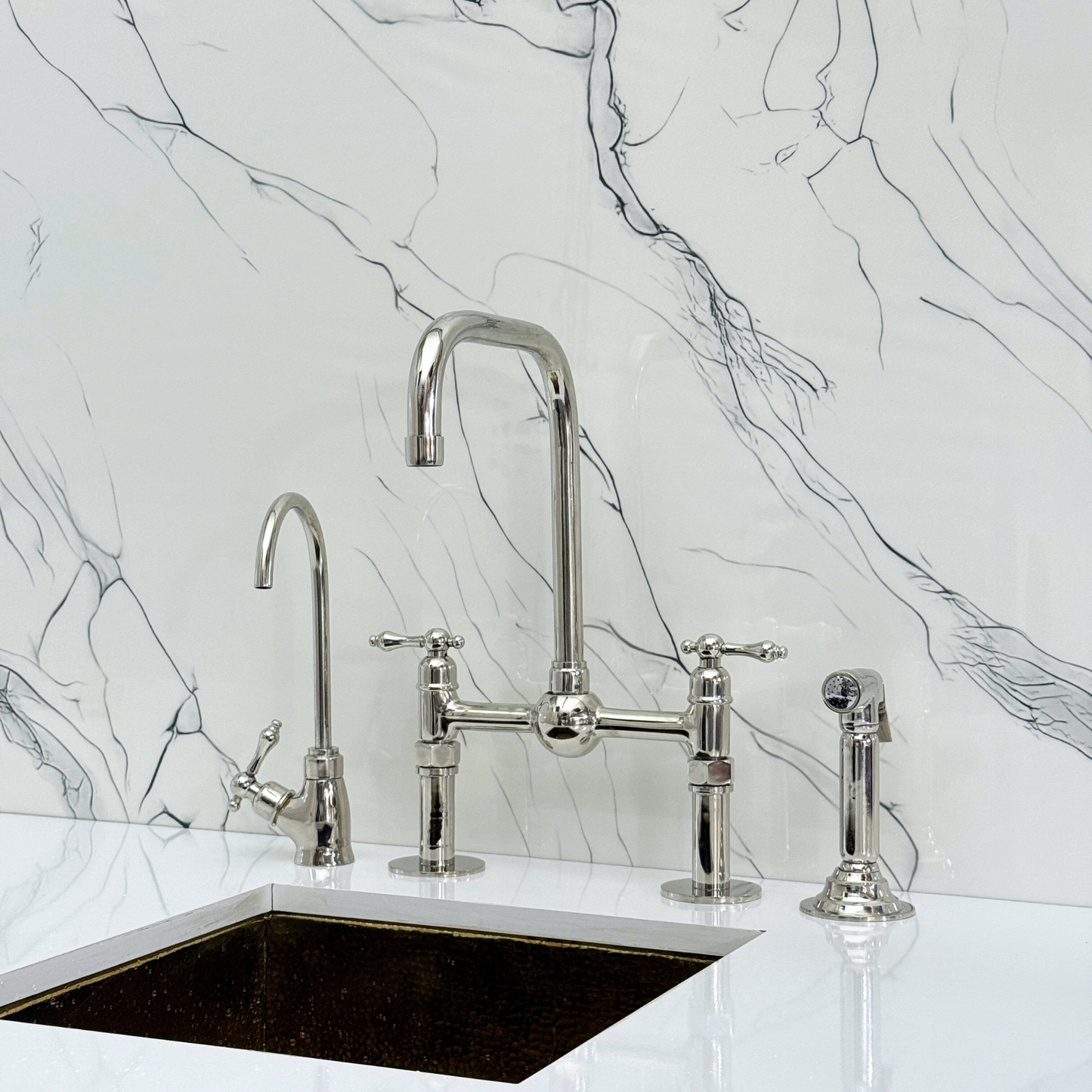 Polished Nickel Classic Bridge Faucet with Ball Center, Straight Legs, Sprayer, Cold Water Faucet and Lever Handles