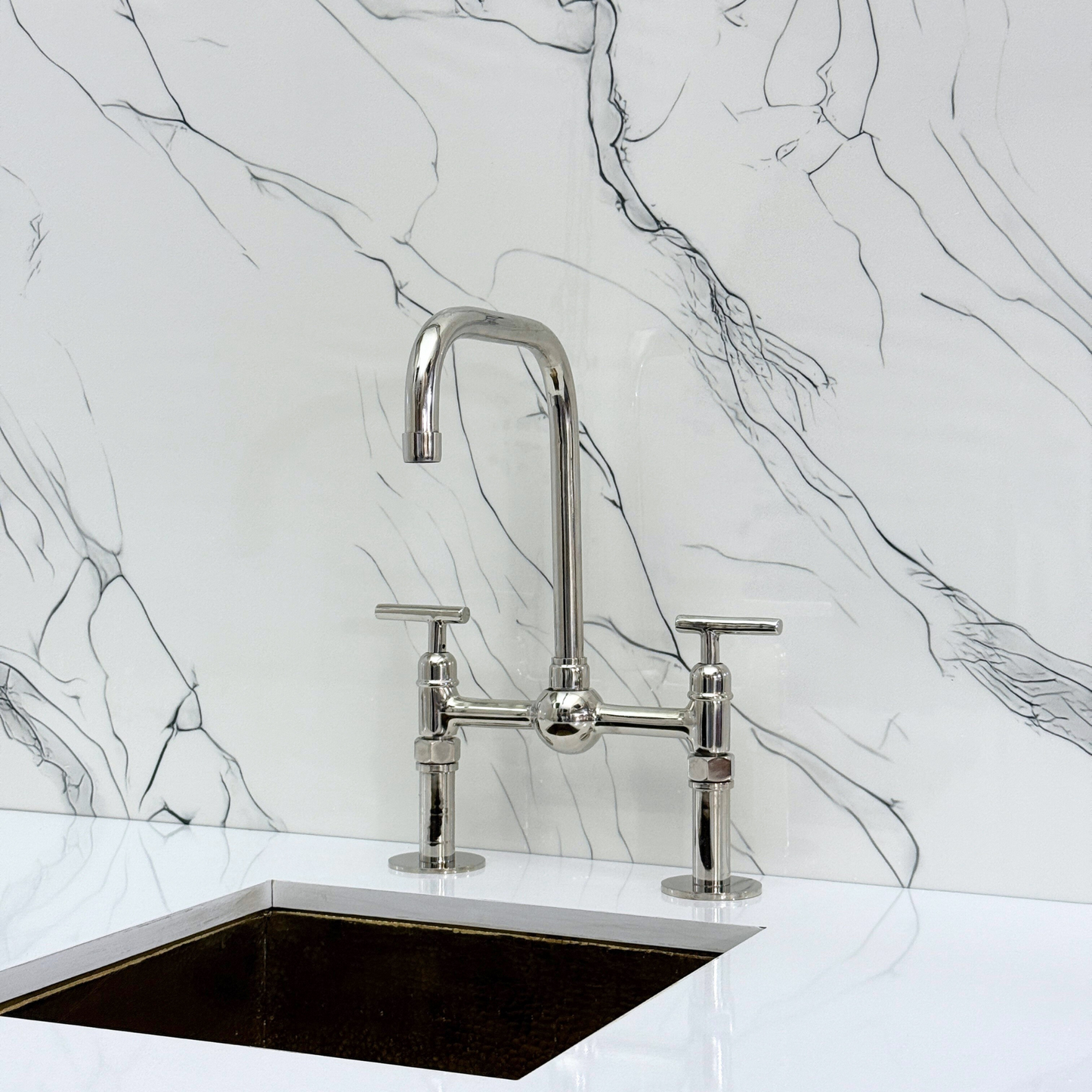 Polished Nickel Classic Bridge Faucet with Ball Center, Straight Legs, Sprayer, Cold Water Faucet and Lever Handles