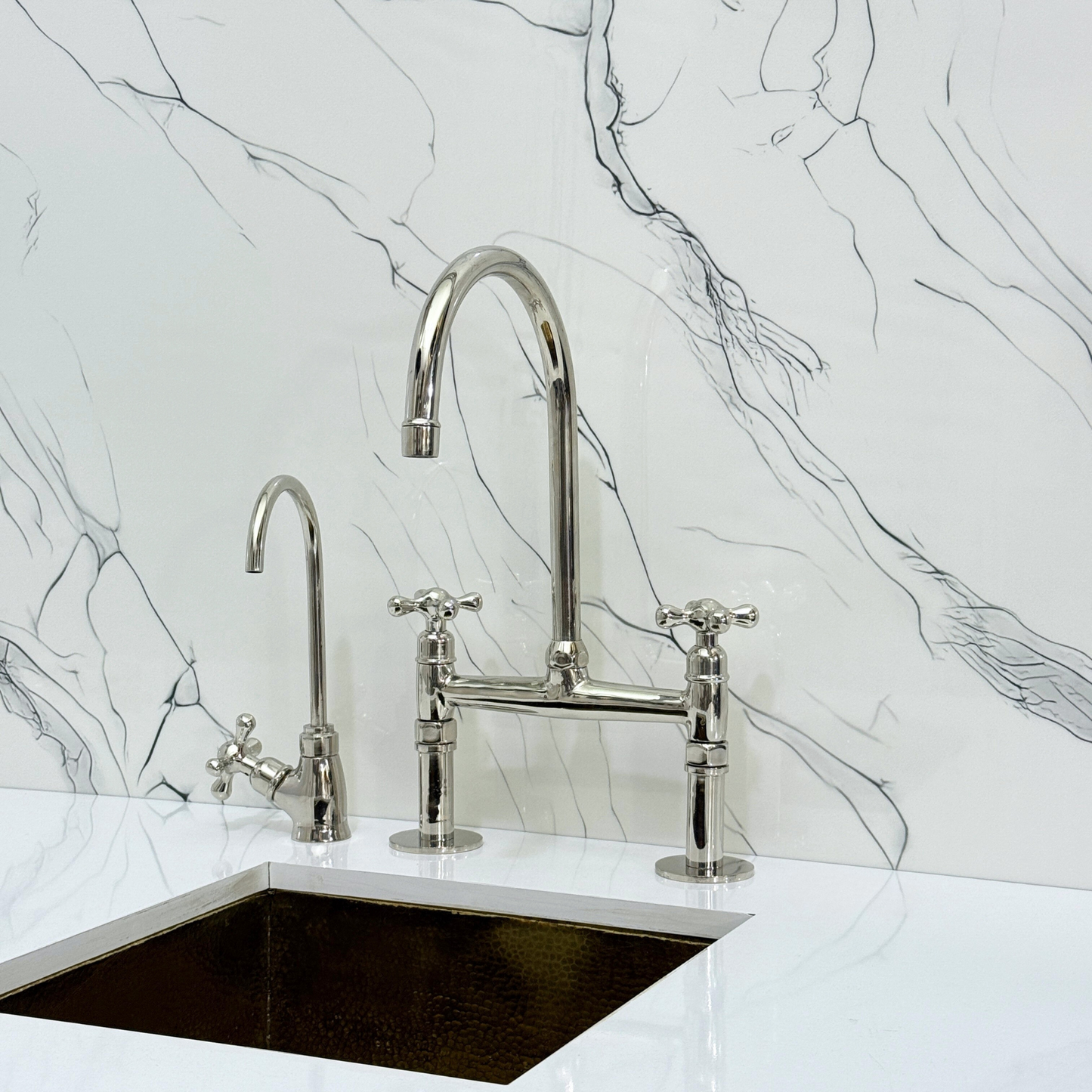 Polished Nickel Kitchen Bridge Faucet with Sprayer, Cold Water Faucet and Cross Handles