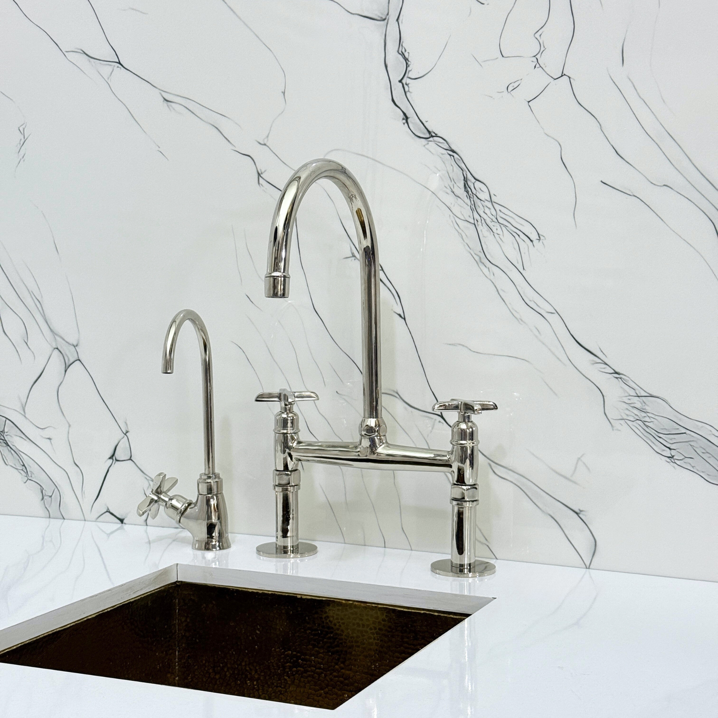 Polished Nickel Kitchen Bridge Faucet with Sprayer, Cold Water Faucet and Cross Handles